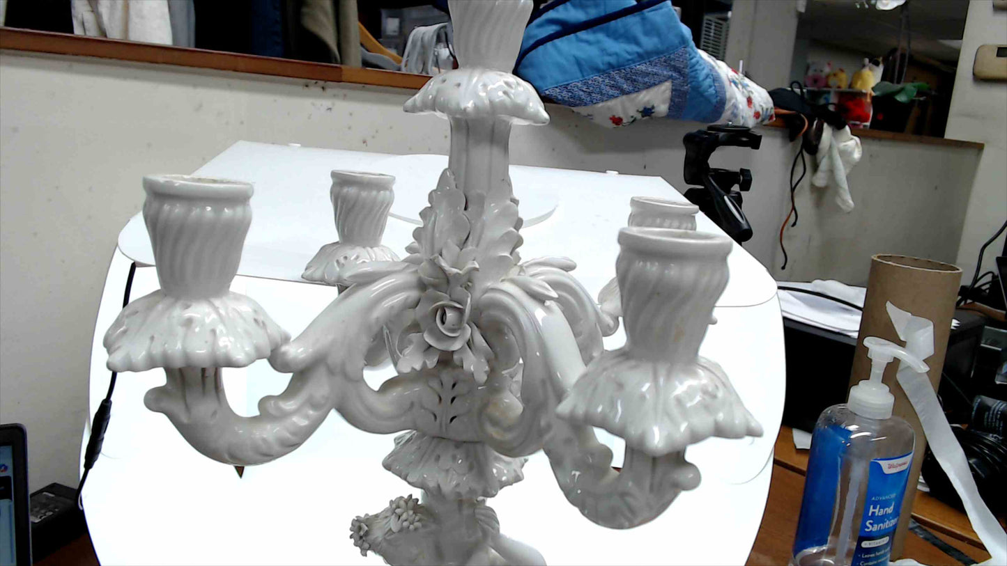 Large White Porcelain 5-Light Figural Candelabra – 19” Tall, Rococo Floral Arms