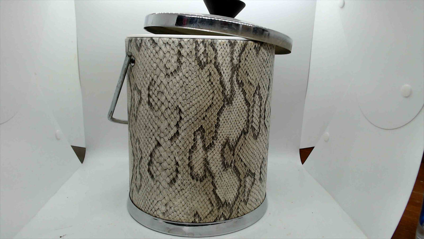 Vintage Faux Snakeskin Ice Bucket w/ Chrome Handle & Lid – 11" x 8"