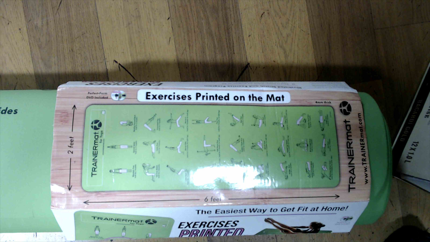 TRAINERmat Yoga Mat – “Exercises Printed on the Mat” w/ DVD, 72" x 24", 4mm, Green (New)