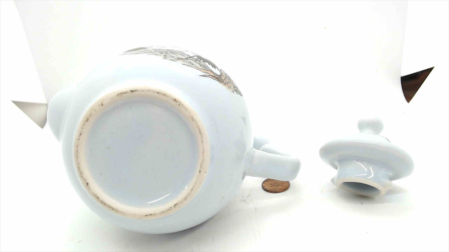 Vintage Asian Porcelain Teapot w/ Cranes & Pine Motif, Heart-Handle, ~8” Tall