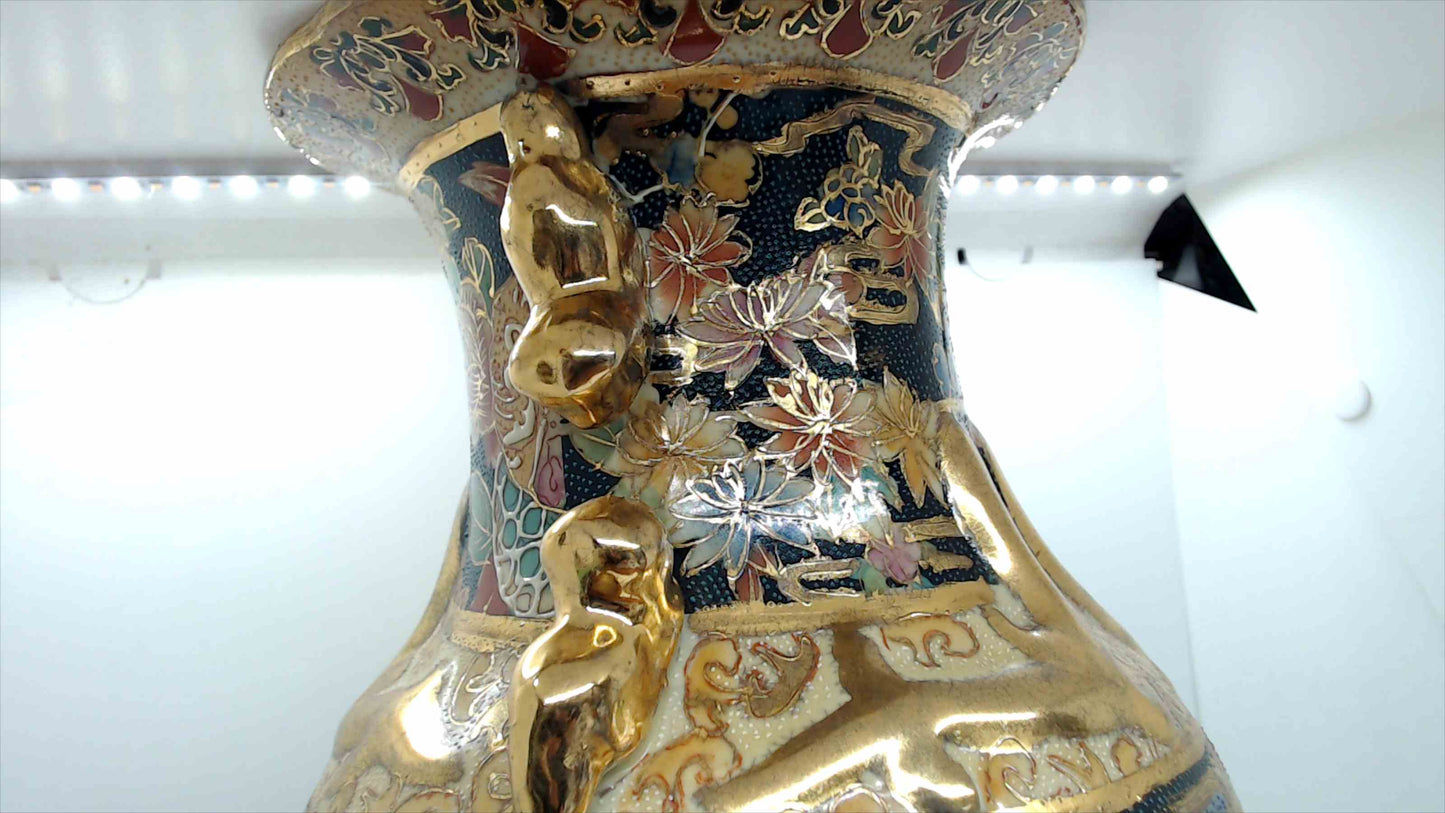 Splendors of Meiji Satsuma-Style Vase w/ Gilt Handles, 14"