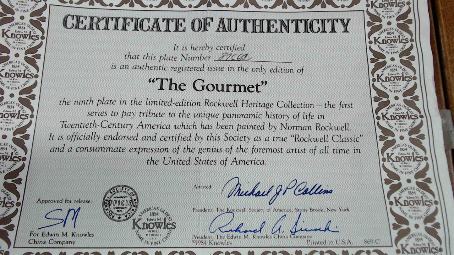 Norman Rockwell “The Gourmet” Collector Plate – Edwin M. Knowles – 8.5" w/ COA (Plate #8766C)