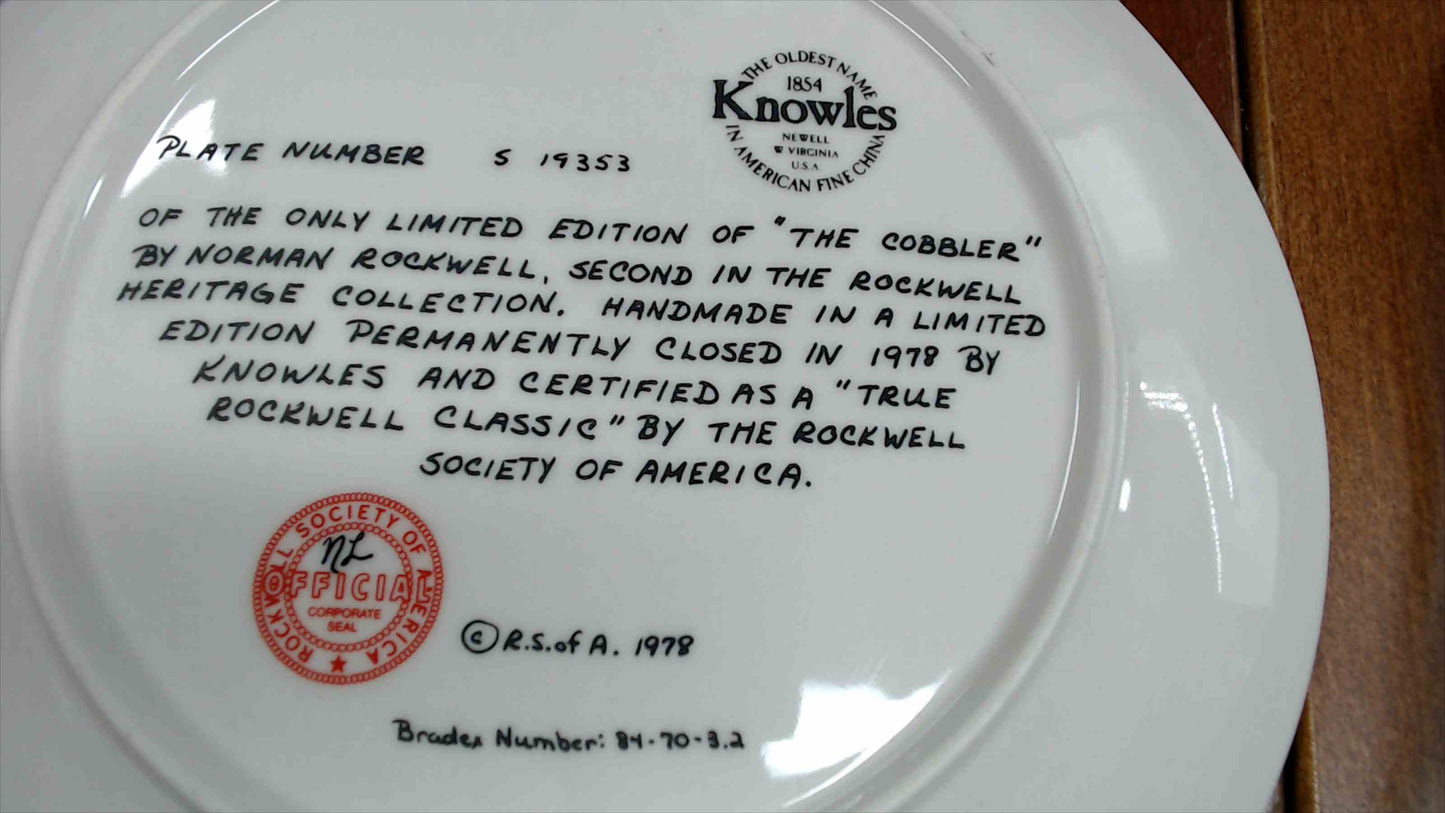 1978 Norman Rockwell “The Cobbler” Collector Plate – Knowles, Rockwell Heritage Collection – 8.5"