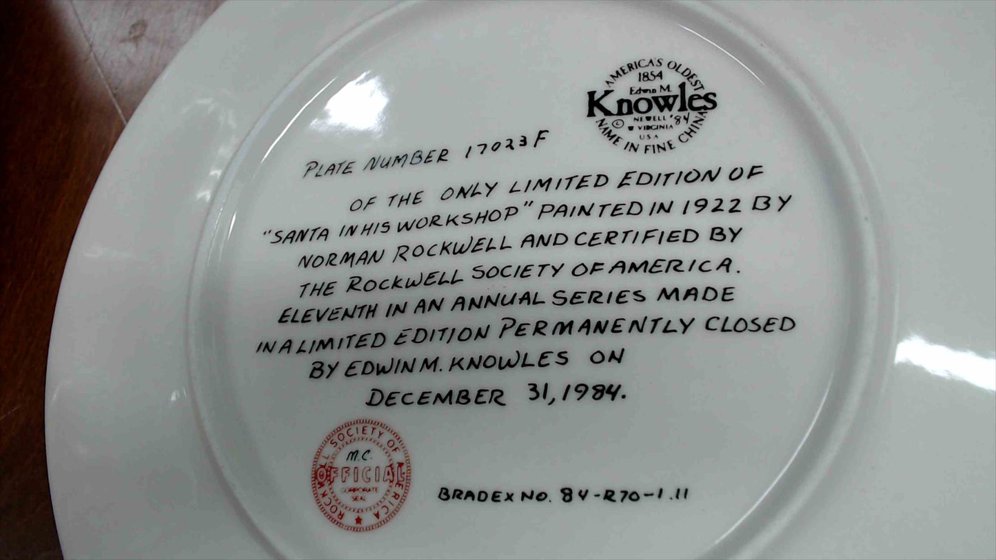 1984 Norman Rockwell “Santa in His Workshop” Collector Plate – Edwin M. Knowles – 8.5" – Bradex 84-R70-1.11