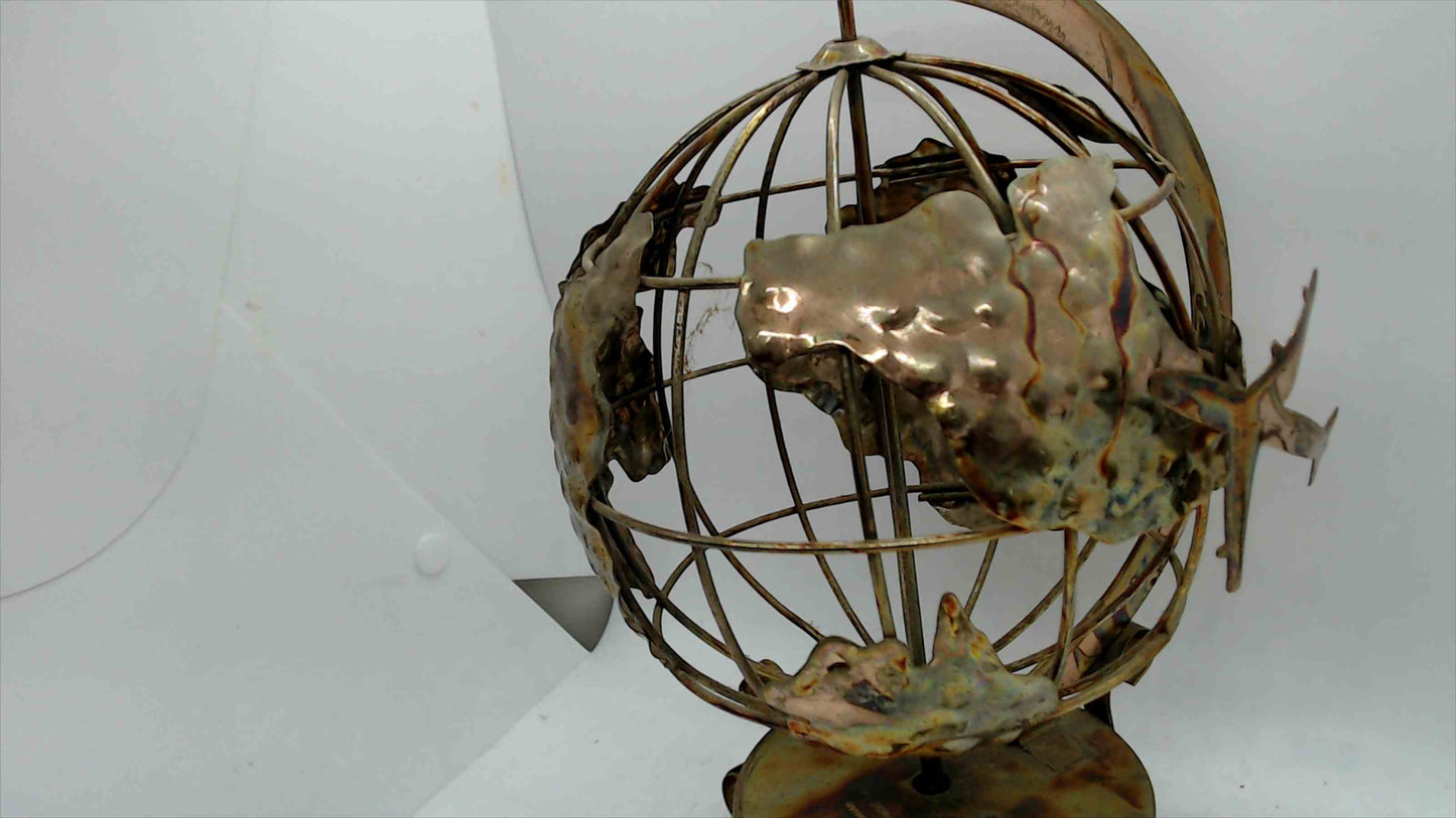 Vintage Hammered Brass Globe Music Box w/ Airplane – “Around the World in 80 Days” – Tested & Working