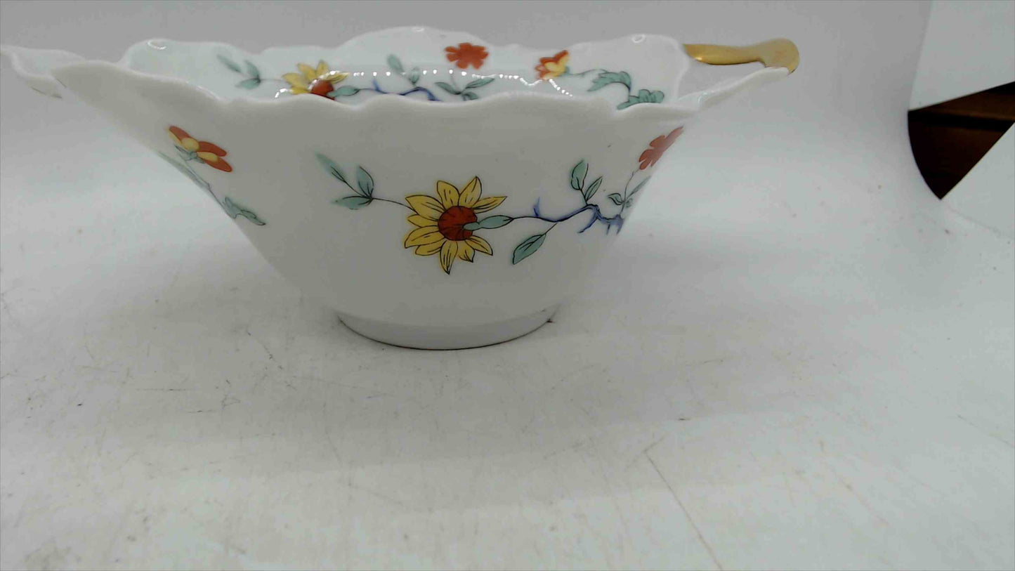 Haviland Limoges France Floral Butterfly Handled Nut/Candy Dish – Gold Handle, Scalloped Rim – 6” x 5”