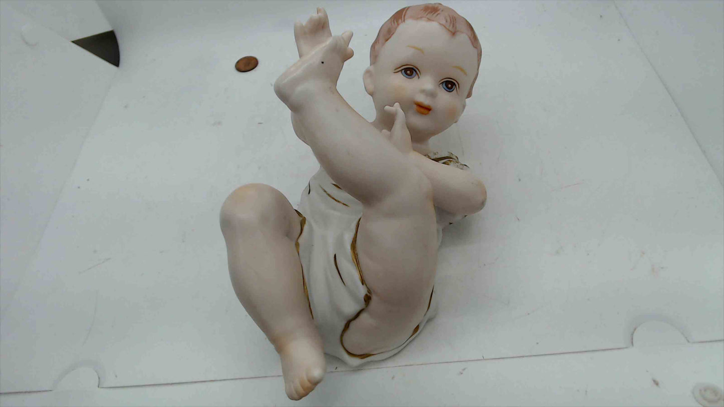 Vintage Bisque Porcelain Baby Figurine – Crossed Swords “A / 1788” Mark, Hand-Painted Gold Accents – 9” L x 6” H