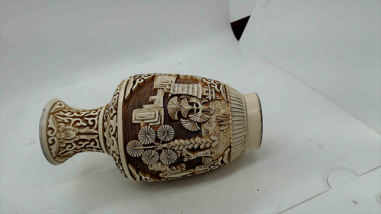 Vintage Hand-Carved Faux Ivory Asian Scenic Vase – Made in Taiwan R.O.C. – 6.5” Tall