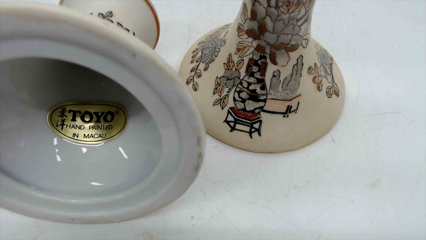 Toyo Hand-Painted Candlestick Holders (Pair) – Macau – Asian Floral/Imari Style – 4" x 4"