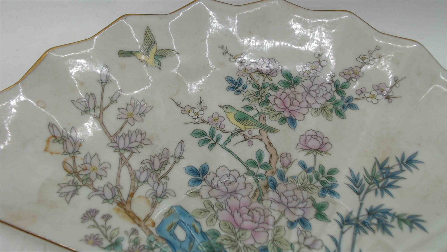 Vintage Enesco Fan-Shaped Porcelain Tray – Birds & Blossoms (1983, Japan)
