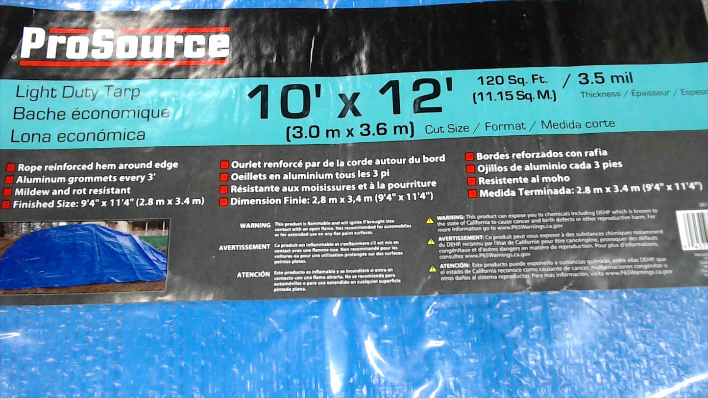ProSource Blue Light Duty Tarp 10’ x 12’ – 3.5 Mil – Waterproof w/ Grommets