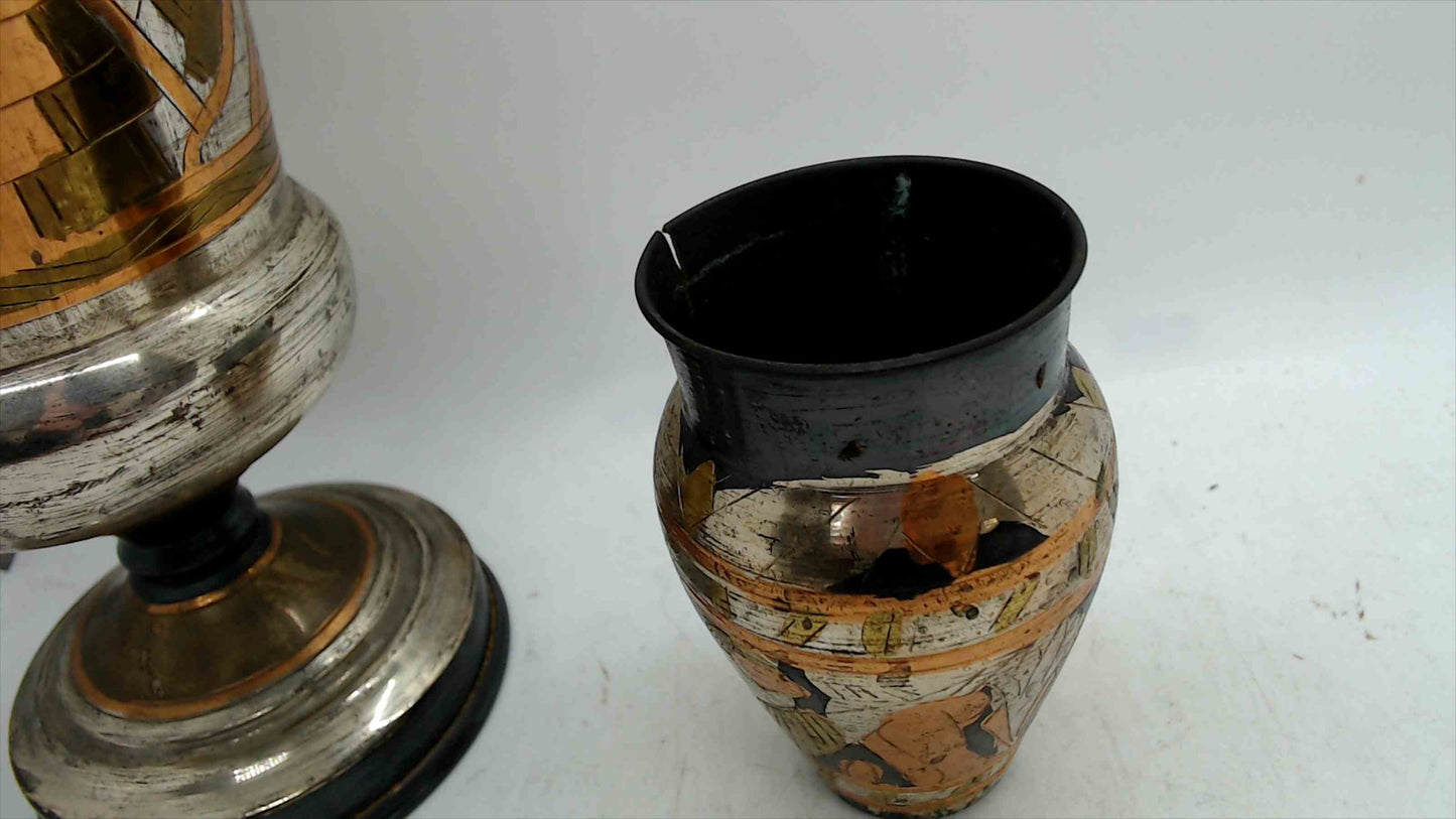 Vintage Egyptian Revival Metal Vases – Hand-Painted Gold & Silver Tone Pair, 7" & 3.5"