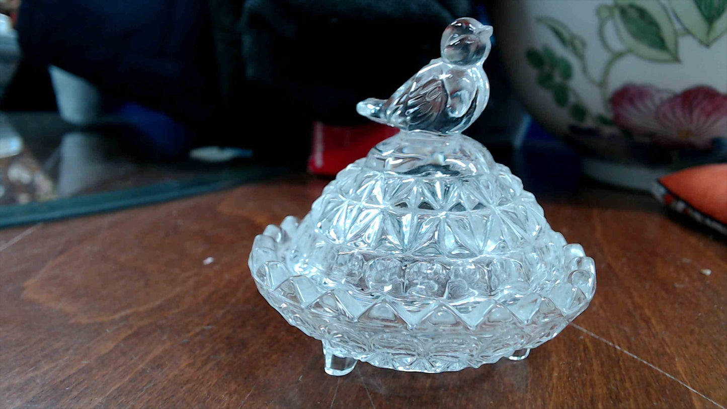 Vintage Pressed Glass Bird Trinket Dish With Lid – 3”