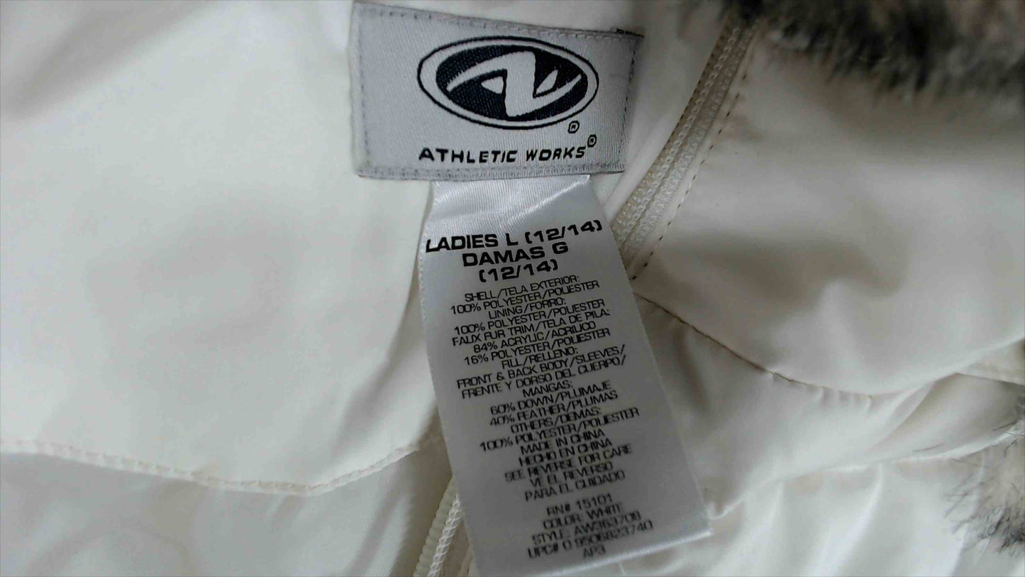 NWT Athletic Works Women’s L (12/14) White Puffer Jacket – Water Resistant – Faux Fur Hood