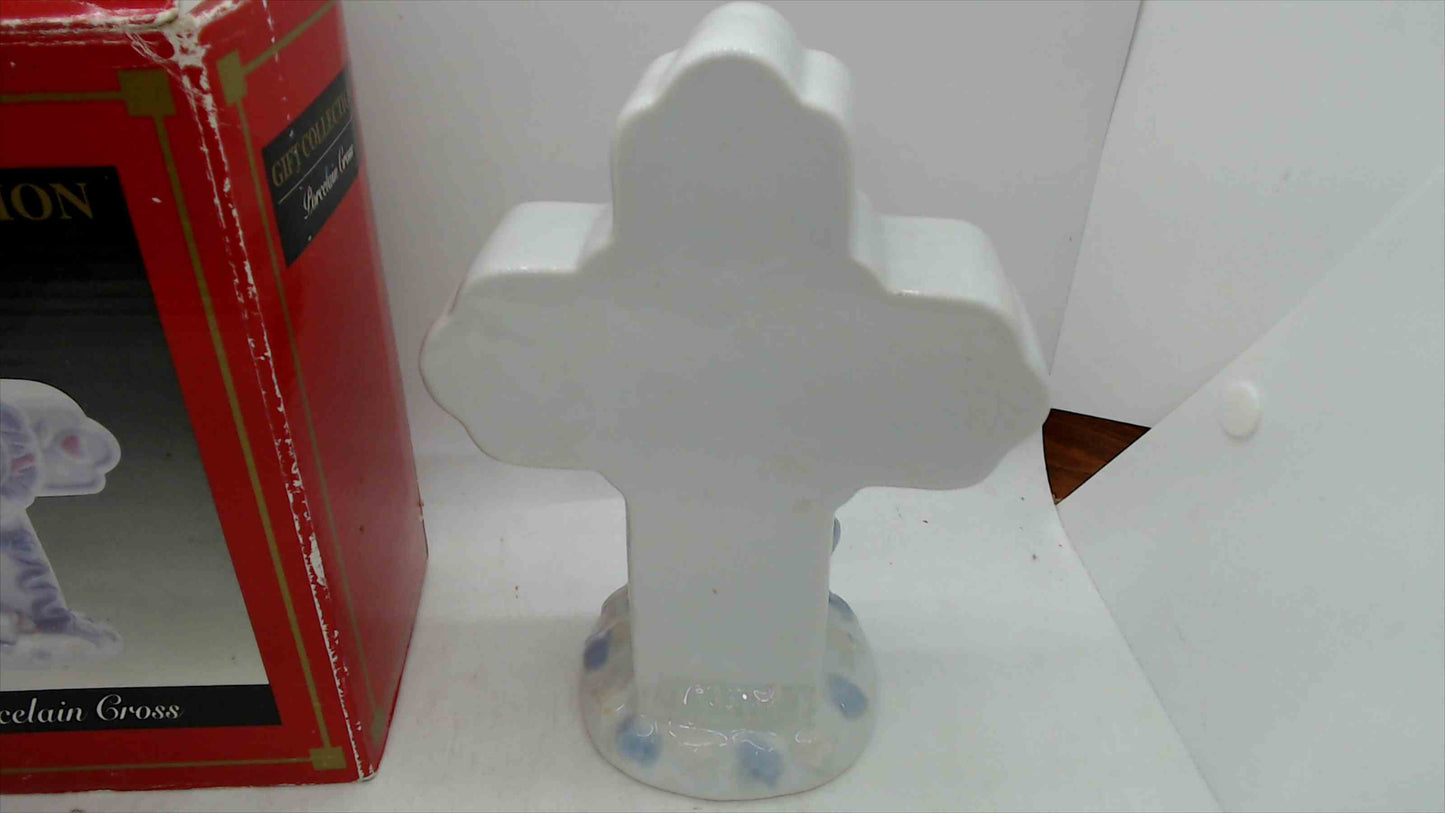 Gift Collection Porcelain Cross Figurine w/ Hearts & Teddy Bear – 7” Tall w/ Box