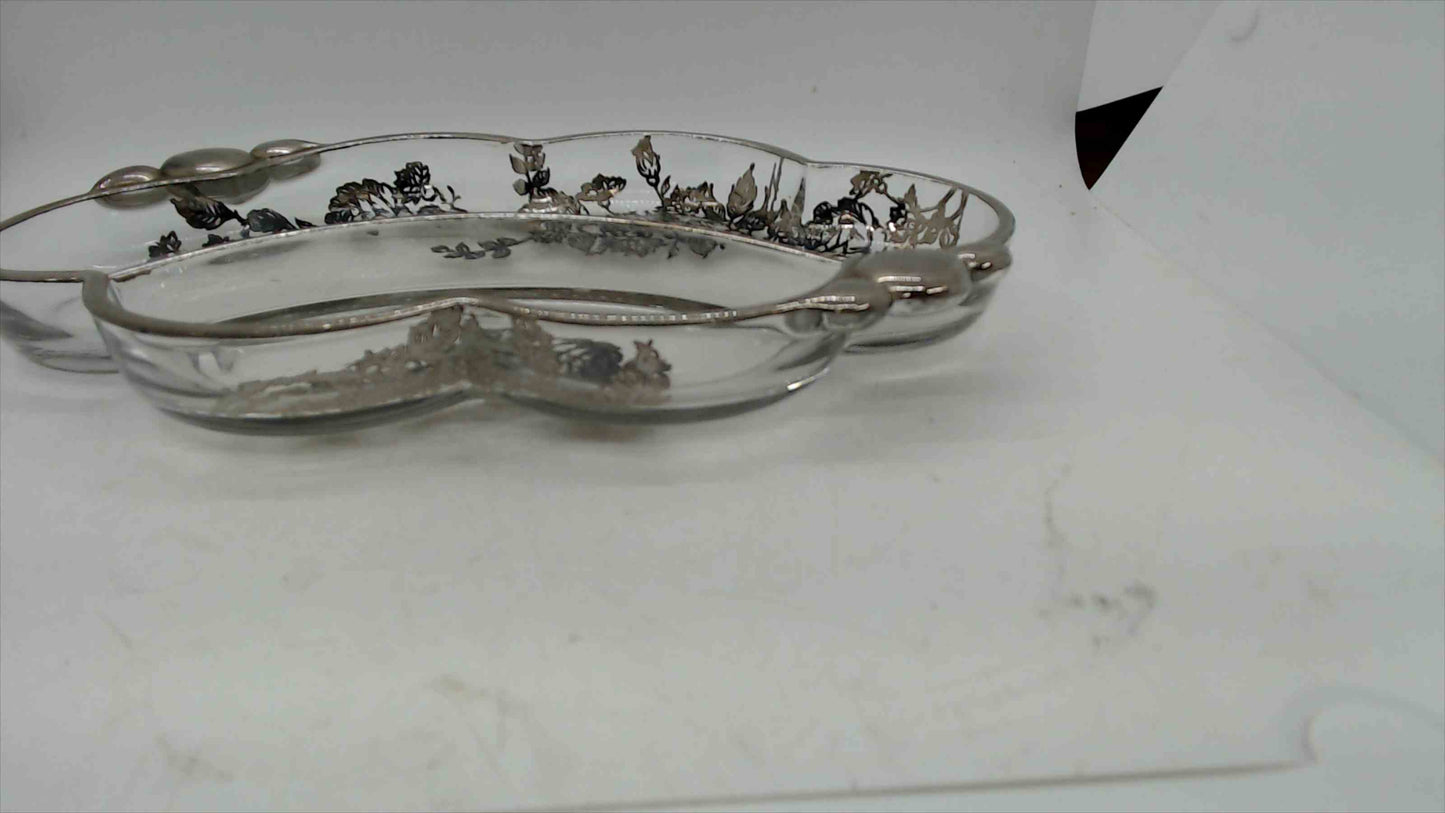 Vintage Silver Overlay Divided Glass Serving Dish – Floral Etched Design – 10.5”