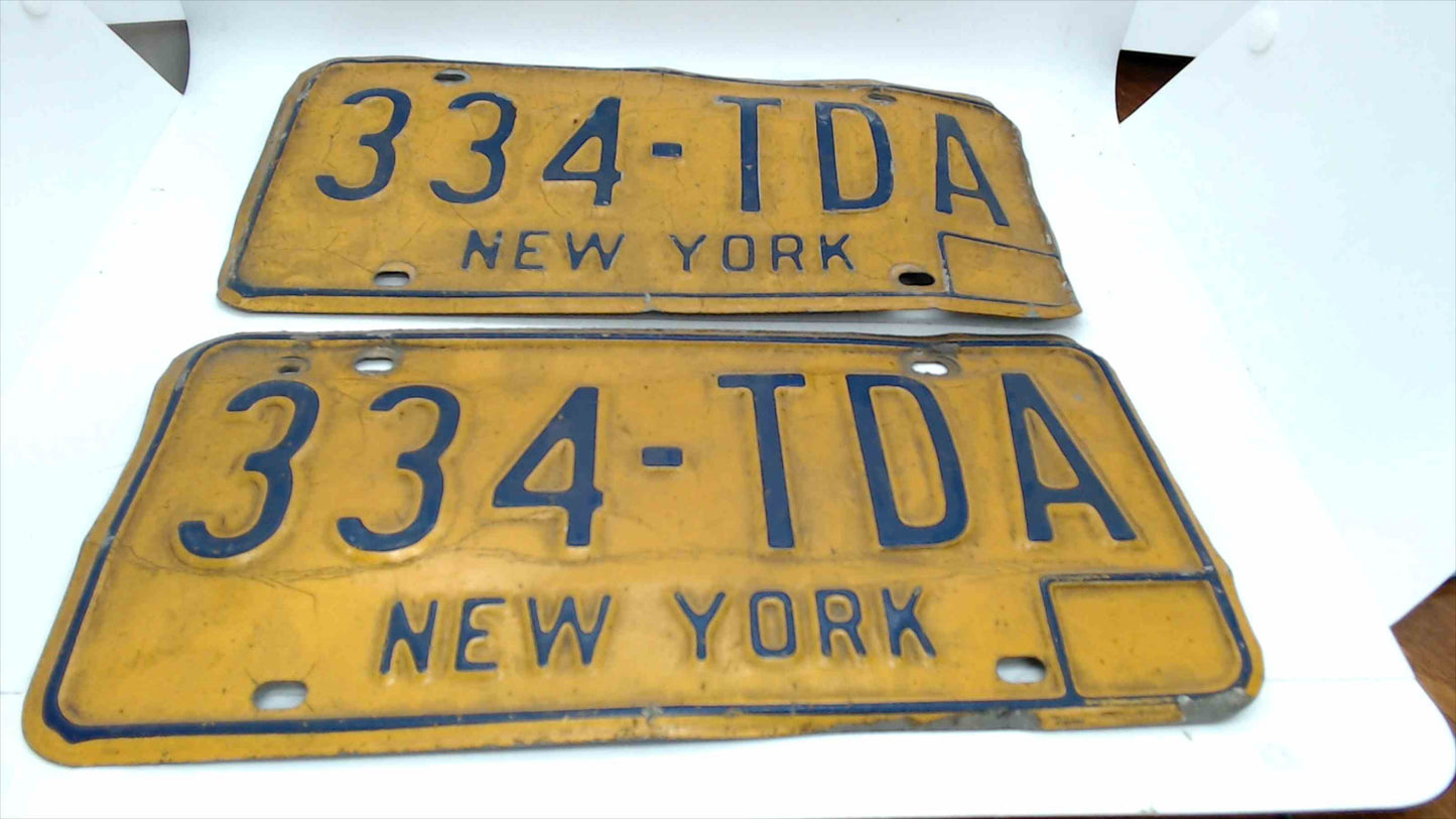 Pair of Vintage New York License Plates 334-TDA – Yellow/Blue Embossed – Matched Set – Collectible