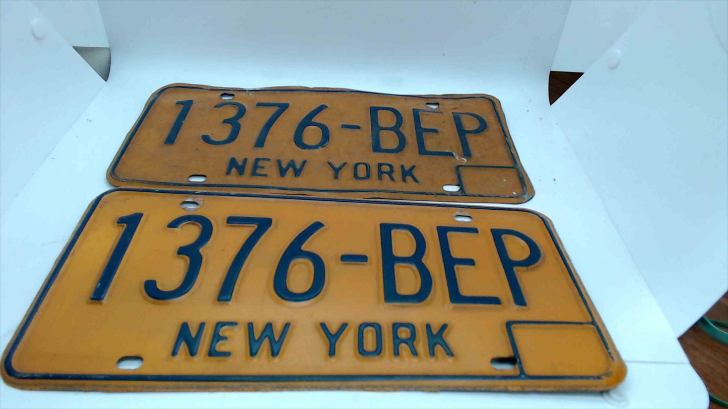 Pair of Vintage New York License Plates 1376-BEP – Yellow/Blue Embossed – Matched Set