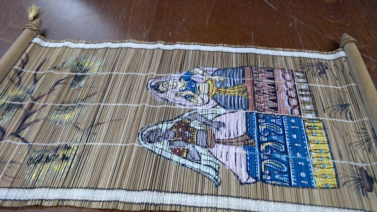 Vintage Hand-Painted Bamboo Scroll Wall Hanging – Traditional Figures Artwork – 8” x 15”
