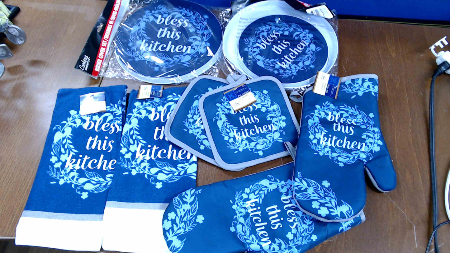 Bless This Kitchen Blue Floral Kitchen Set – Towels, Oven Mitts, Pot Holders & Burner Covers (10-Piece Set)