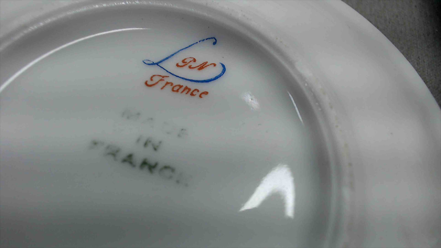 LGN France Porcelain Miniature Dish – Celadon Green, Hand-Painted Peach, Gold Gilt, 4.5"