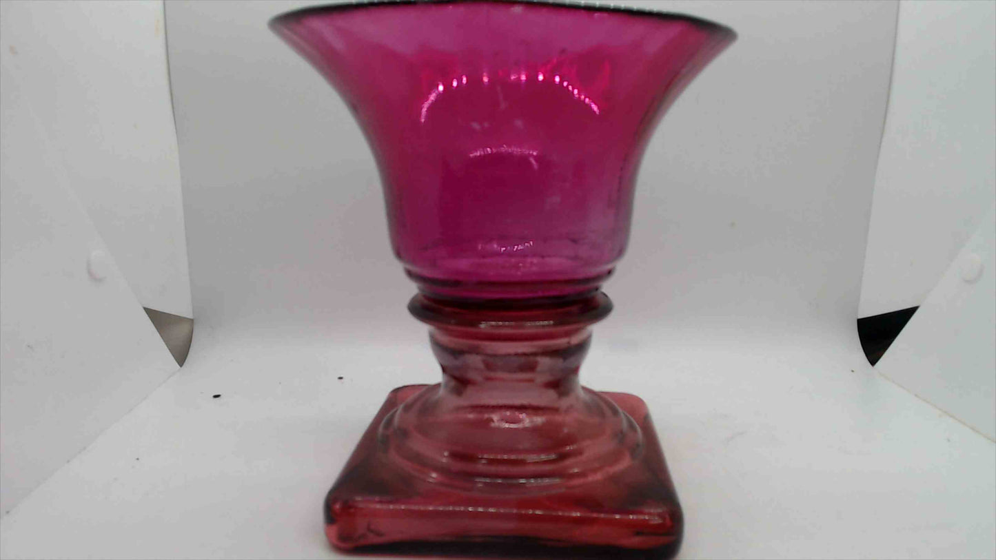 Cranberry Magenta Blown Glass Trumpet Vase – Square Pedestal Base, 6.75" Tall, Made in Spain