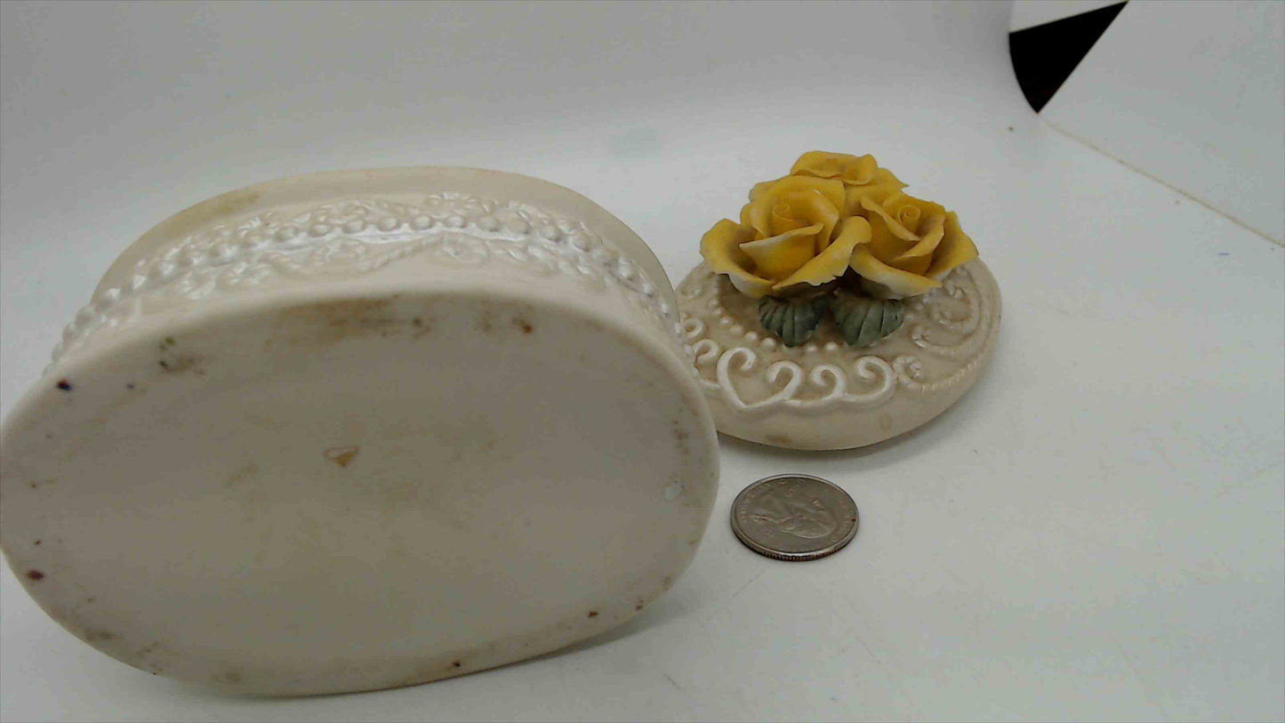 Vintage Ceramic Oval Trinket Box – 3D Yellow Rose Bouquet Finial, Ivory Bisque, Embossed Scrollwork, 3" Tall