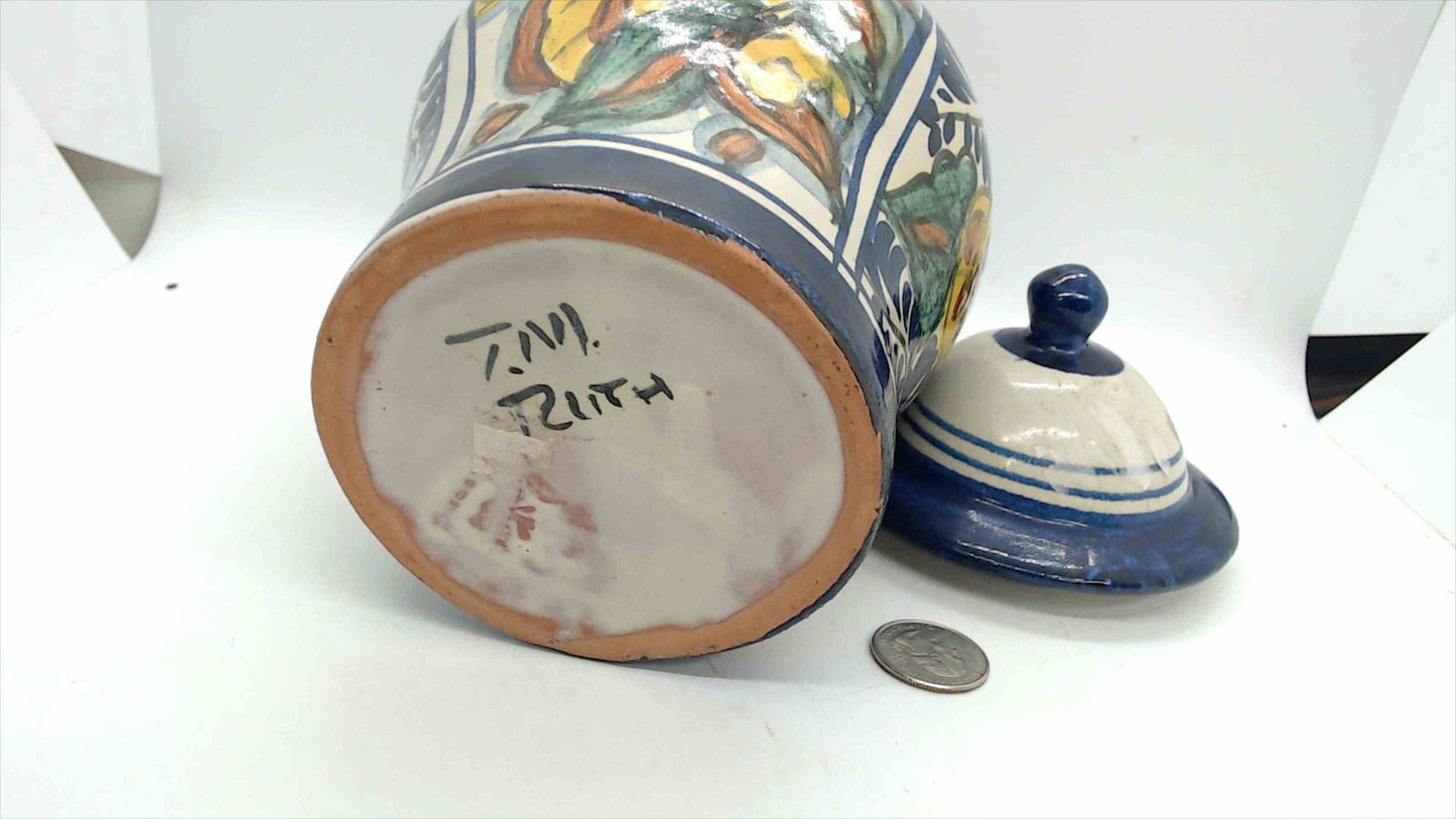 Signed T.M. Ruth Mexican Talavera-Style Hand-Painted Ginger Jar – Cobalt Blue Floral, 9" Tall