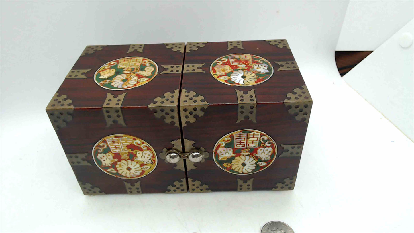 Chinese Rosewood Double-Opening Jewelry Chest – Cloisonné Medallions, Brass Fittings, Red Velvet Drawers, 3.5" Tall