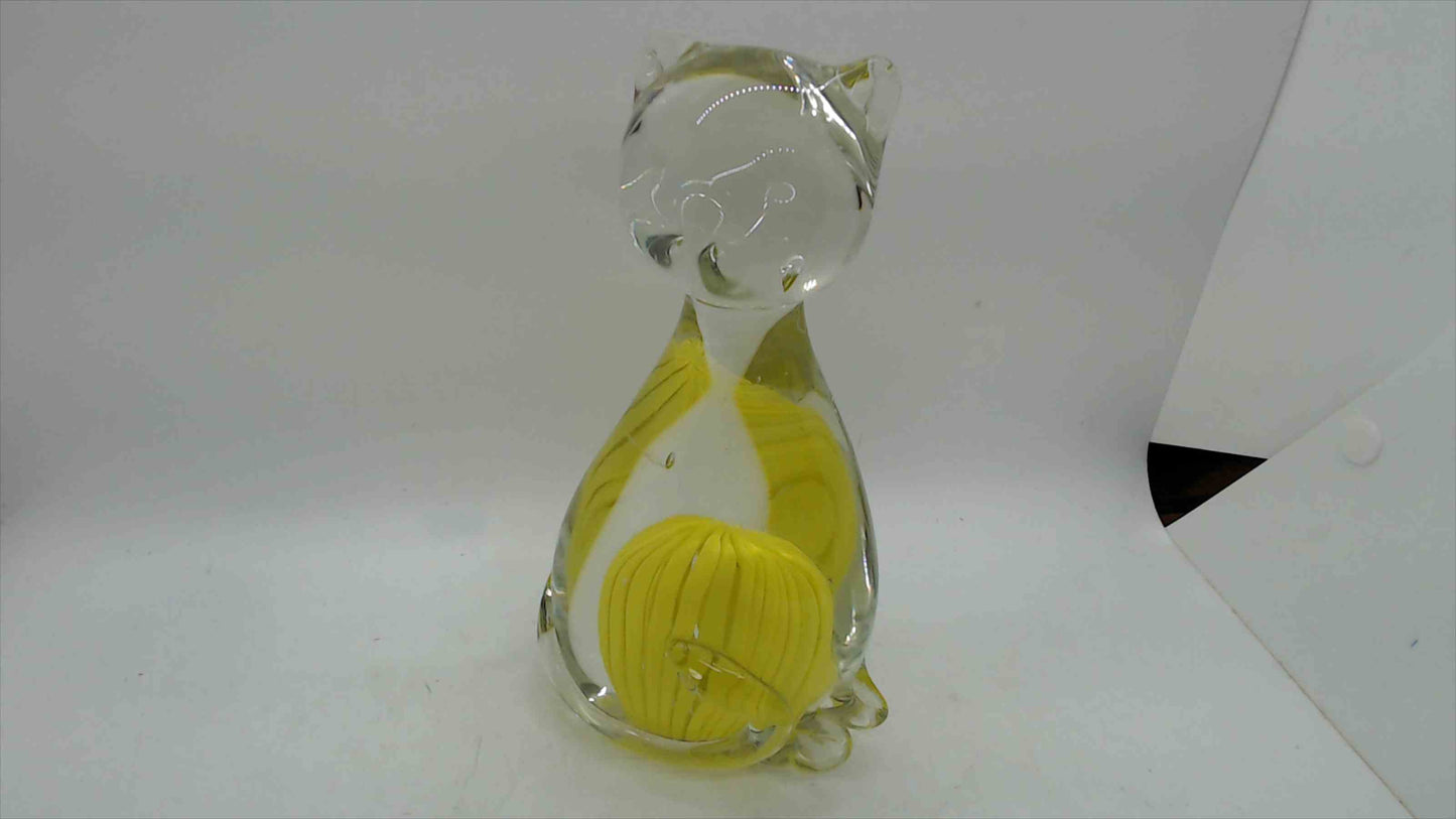 Large Hand-Blown Art Glass Cat Figurine – 7" Tall, 2.5 lbs, Yellow Cane Ribbon & Yarn Ball, Murano Style