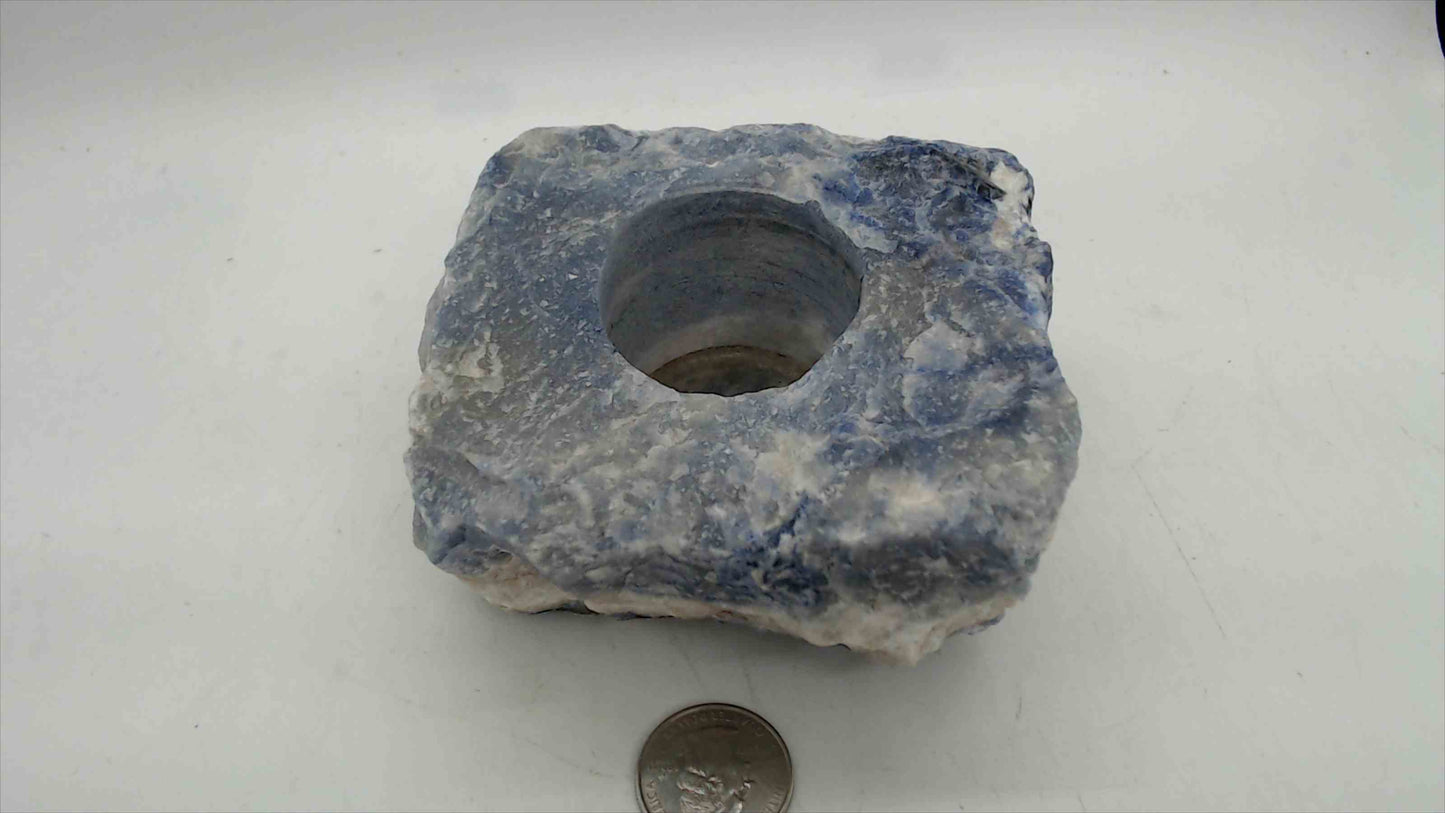 Blue Calcite Sodalite Raw Stone Candle Holder – 4"x3.5", Natural Rough Crystal, Taper Votive Holder