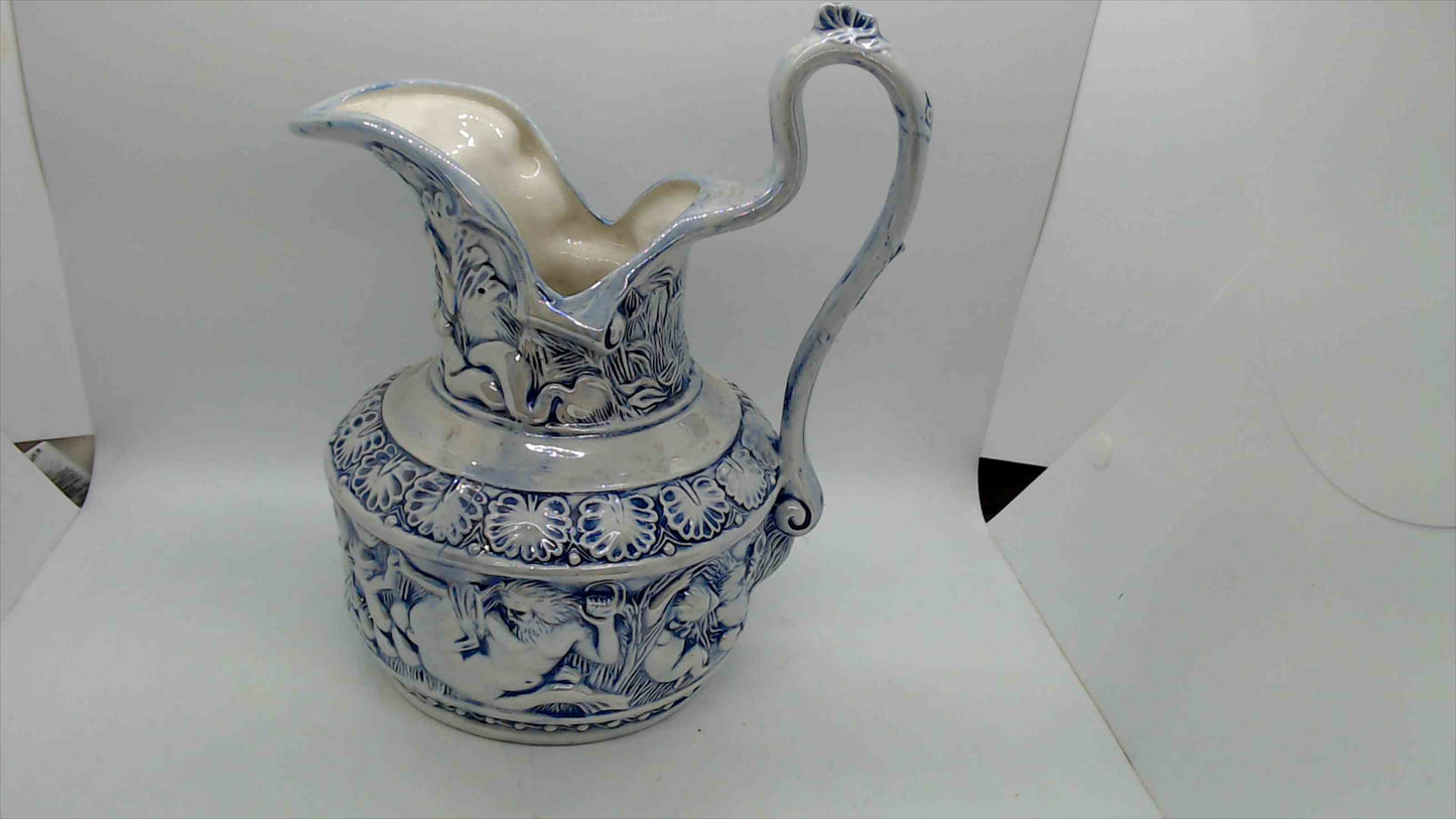 Large Blue & White Relief-Molded Ceramic Pitcher Ewer – 10" Tall, Classical Figural Cherub Frieze, Victorian Baroque Style