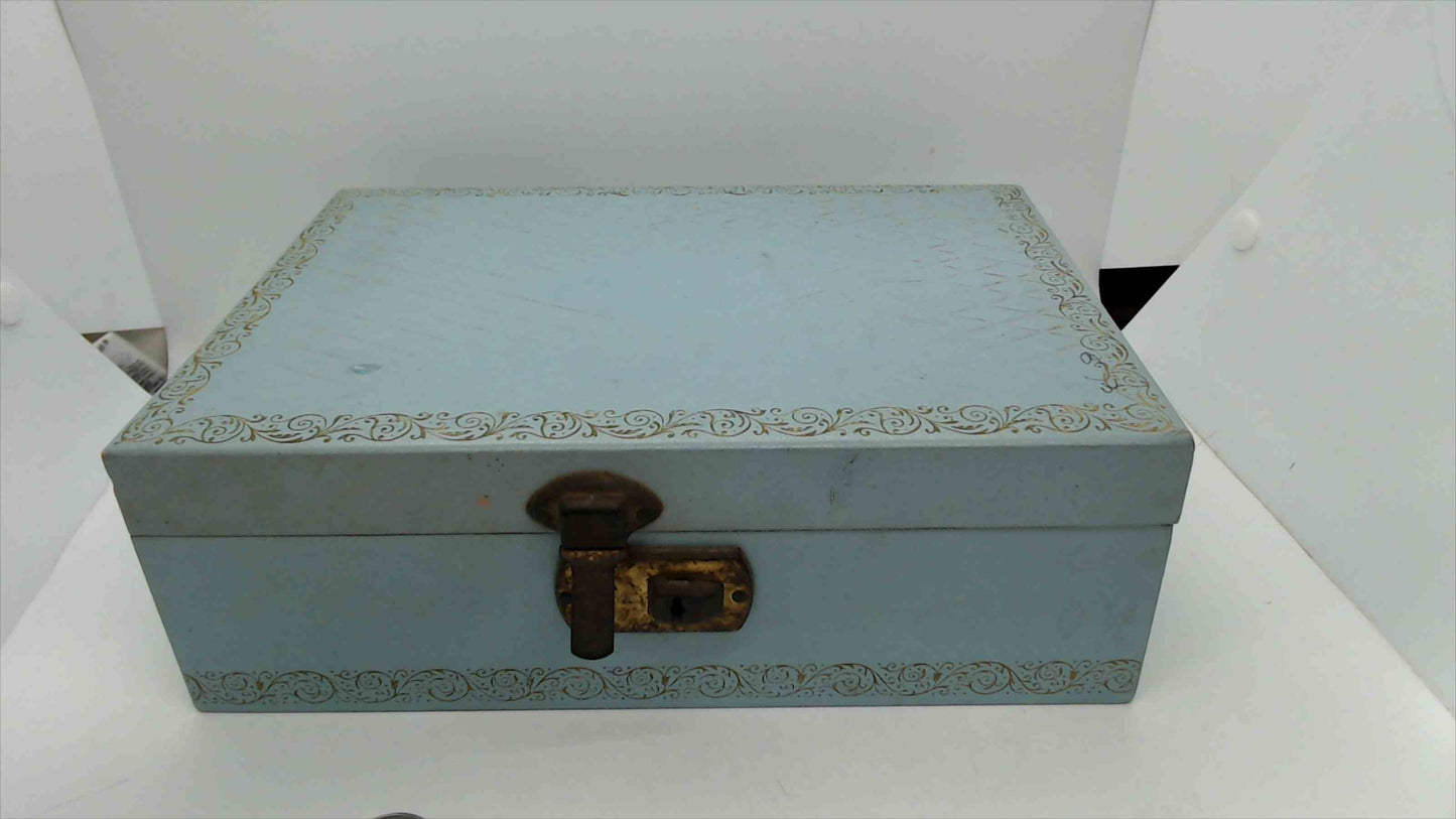 Vintage Powder Blue Fabric Jewelry Box – 10"x7"x3.5", Gold Scrollwork Border, Lift-Out Tray, Mid-Century