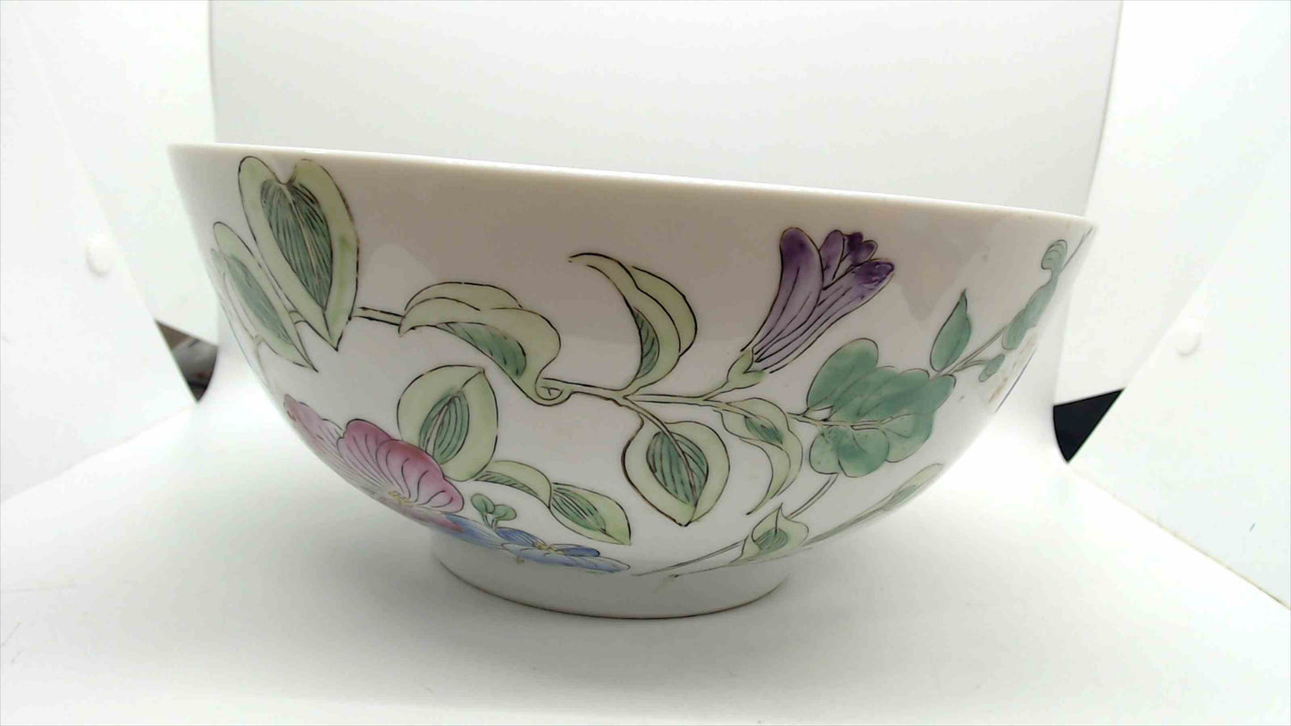 King’s Fine China Hand-Decorated Porcelain Bowl – 10"x4.5", Sweet Pea Floral, Macao, Qianlong Reign Mark
