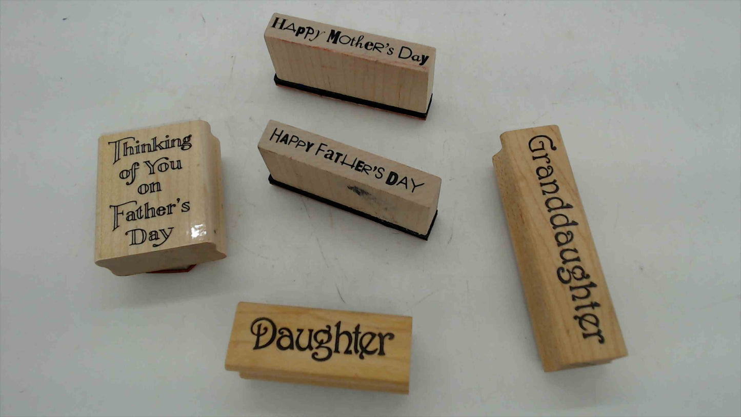 Wood Mounted Rubber Stamp Set of 5 – Mother's Day, Father's Day, Daughter & Granddaughter Sentiments