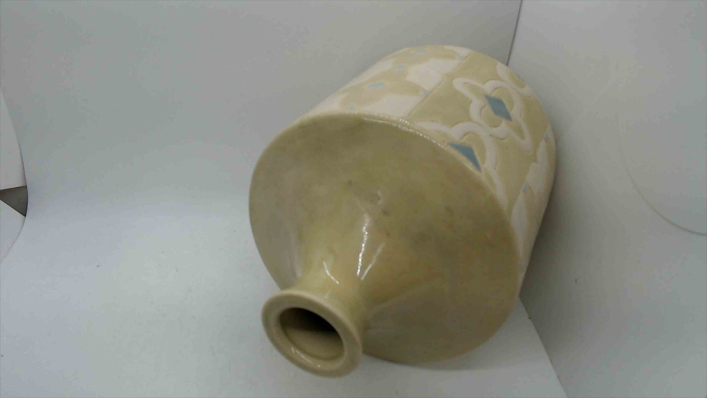 Large Cream & Blue Moroccan Quatrefoil Ceramic Jug Vase – 9.5" Tall