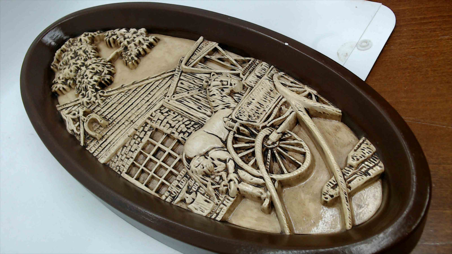 Vintage Country Farm Relief Wall Plaque – Oval (Wagon Scene)