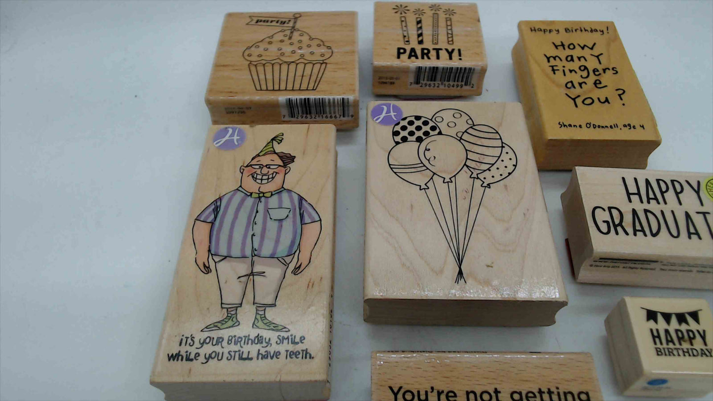 Lot of 8 Wood Mounted Rubber Stamps – Birthday & Celebration Theme