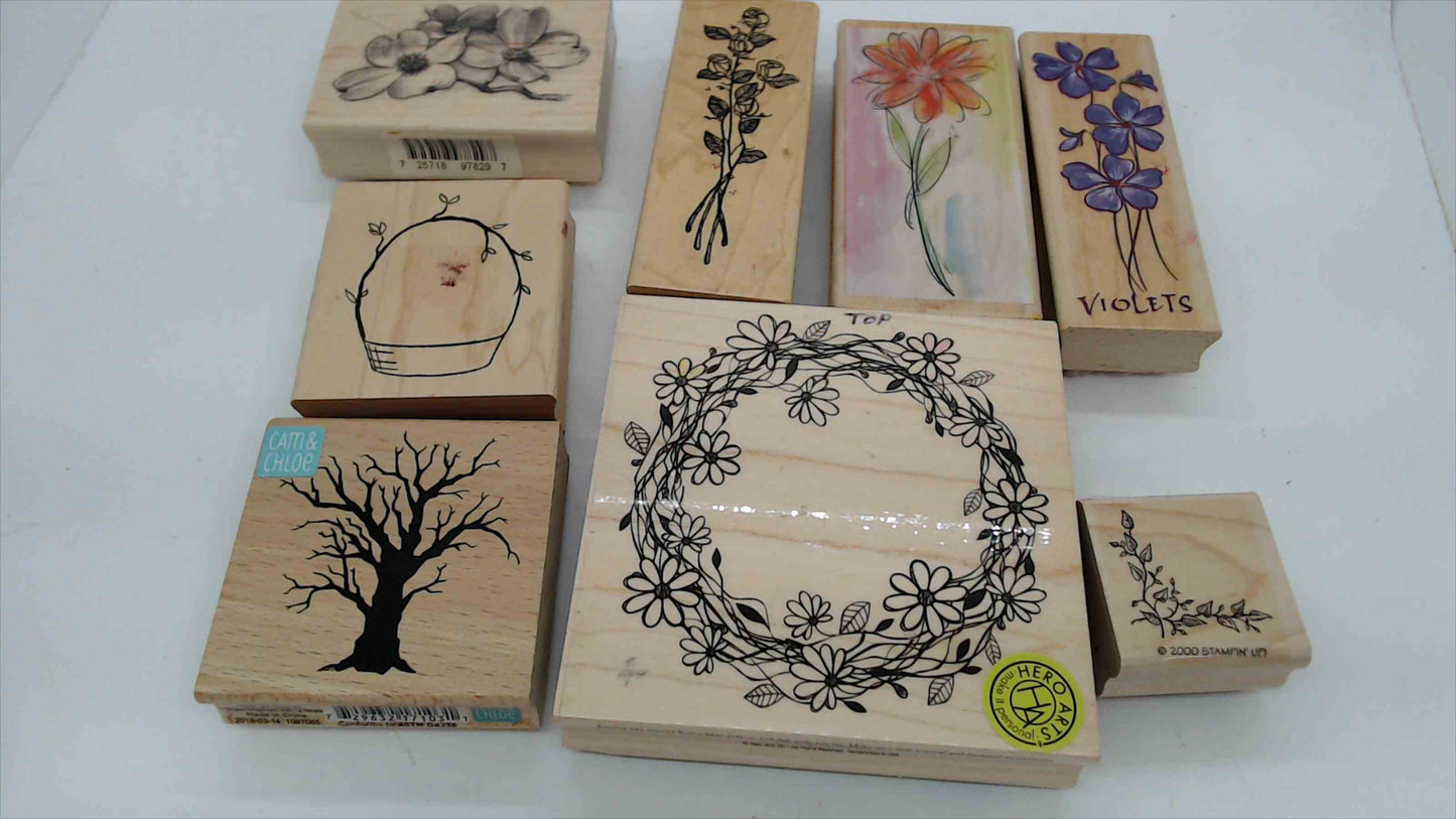 Lot of 8 Wood Mounted Rubber Stamps – Floral & Nature Theme