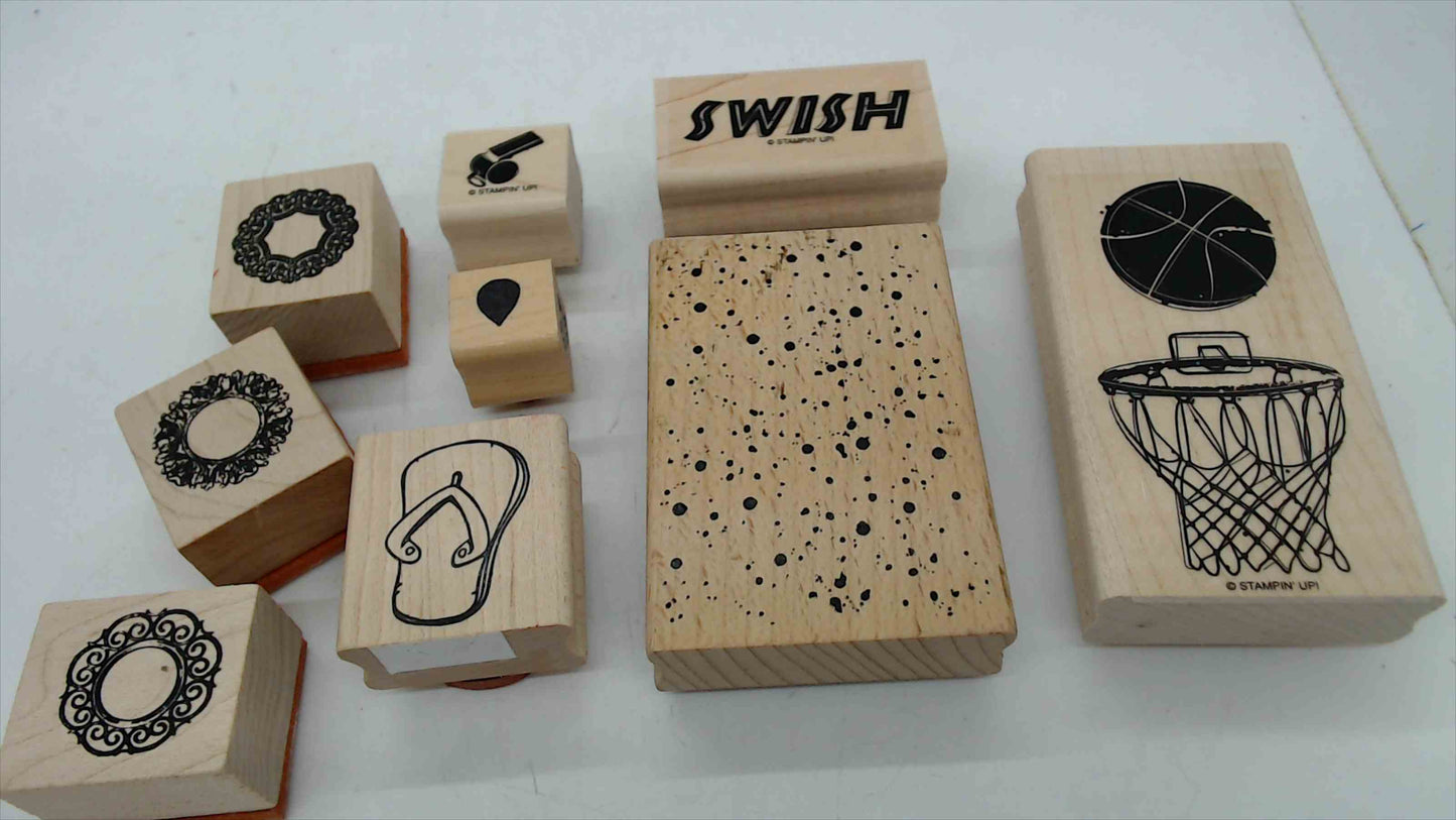 Lot of 9 Wood Mounted Rubber Stamps – Sports, Summer & Decorative Theme (Stampin' Up!)