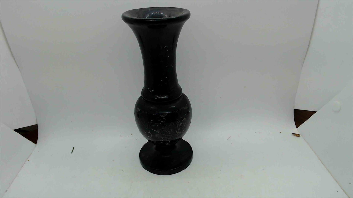 Natural Black Marble Vase – Hand-Etched Floral & Bird Design – 7.75" Tall – 2 lbs – Original Tag