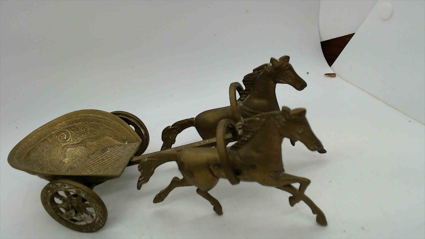 Vintage Brass Roman Chariot Sculpture – Two Horse-Drawn War Chariot – 8.5" Long – 1.5 lbs – Hand-Engraved Indian Artisan