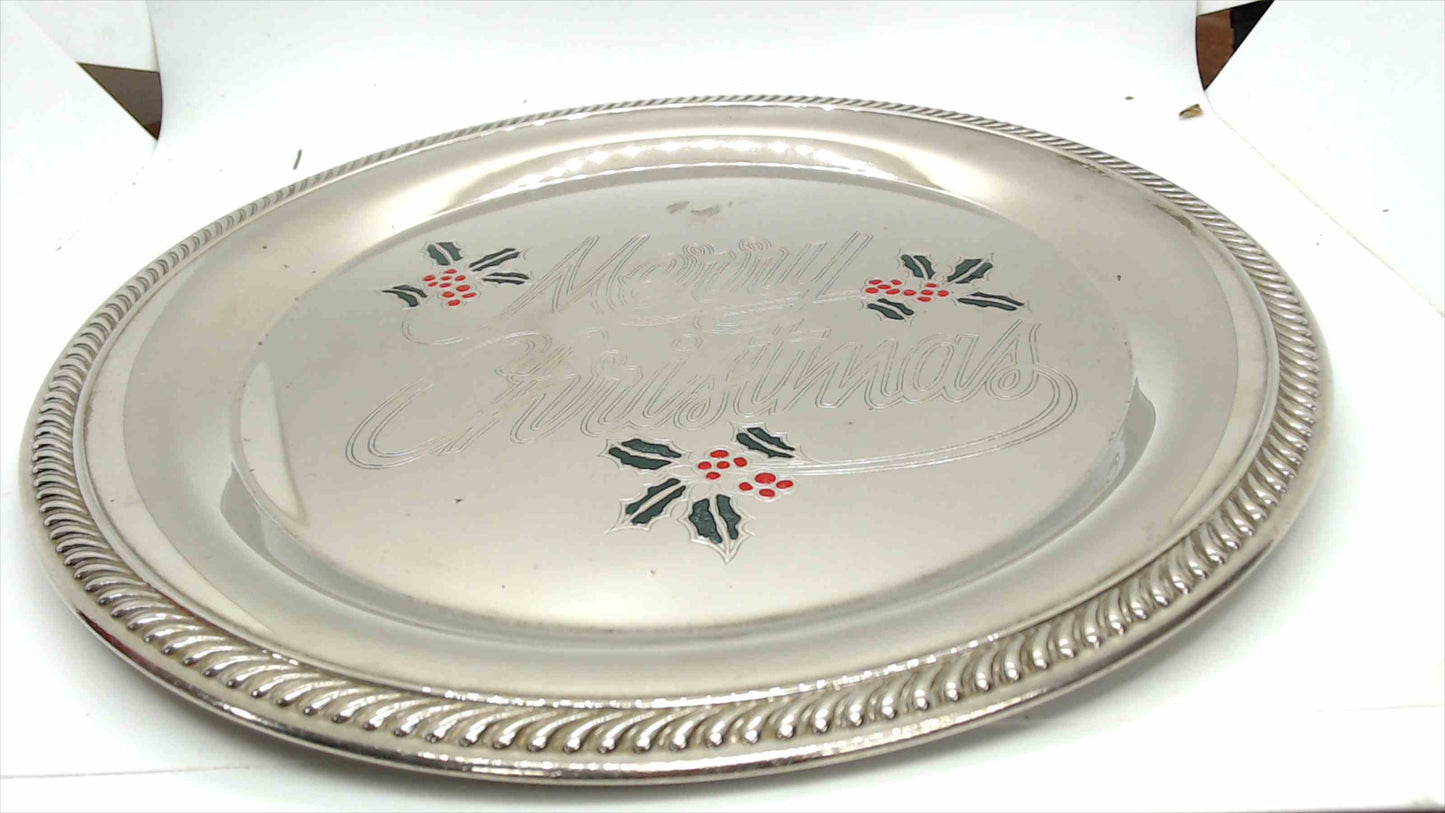 Vintage Silver-Plated "Merry Christmas" Round Serving Tray with Holly Motif