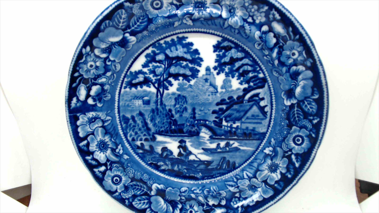 Antique Blue & White Transferware Plate with English Countryside River Scene and Floral Border