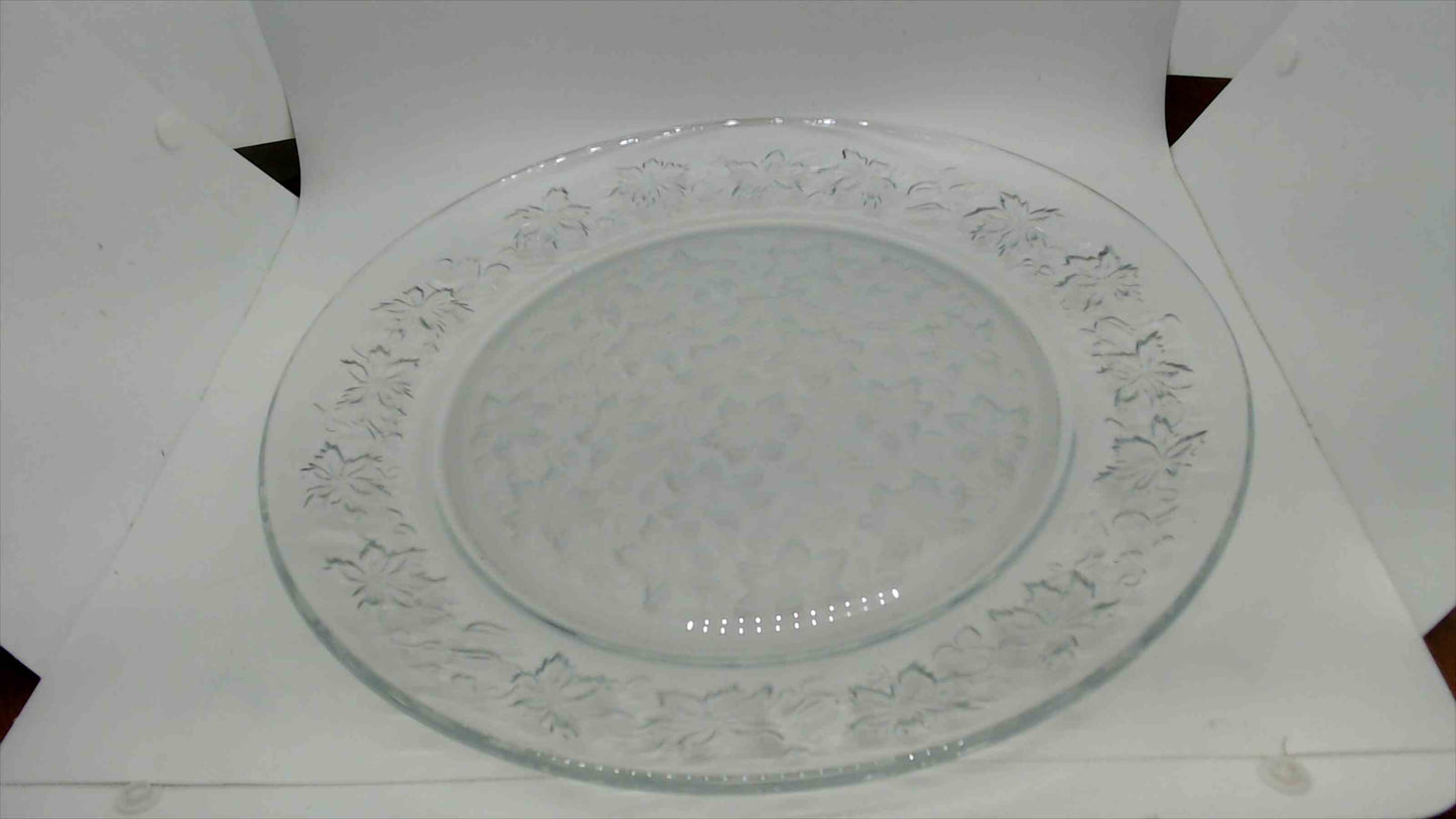 Vintage Clear Glass Large Round Serving Plate with Embossed Floral and Leaf Border