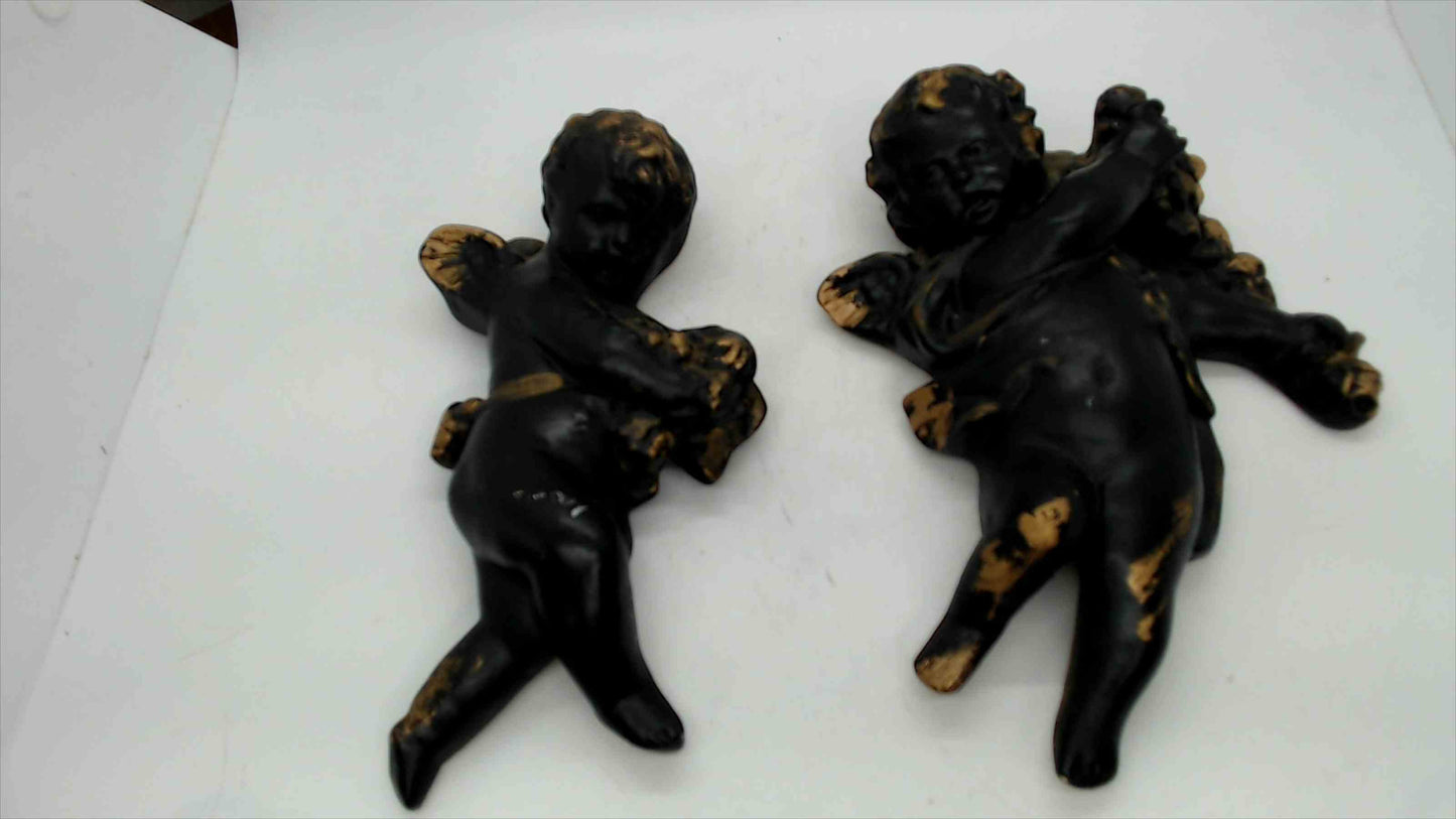 Pair of Vintage Black & Gold Cherub Putti Figurines, 7.5" — Baroque Style Resin