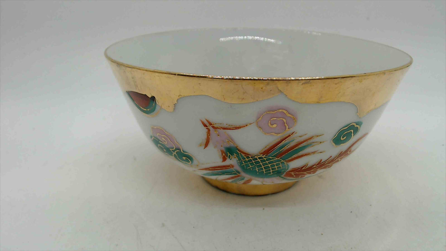 Vintage Chinese Porcelain Rice Bowl, Gold & White with Phoenix and Clouds, 4.5"