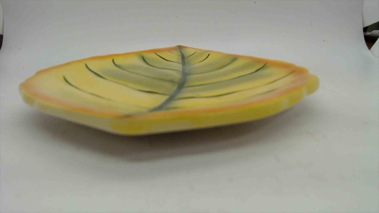 Vintage Yellow Leaf-Shaped Ceramic Dish — Hand-Painted Autumn Leaf Candy or Trinket Tray, 8"