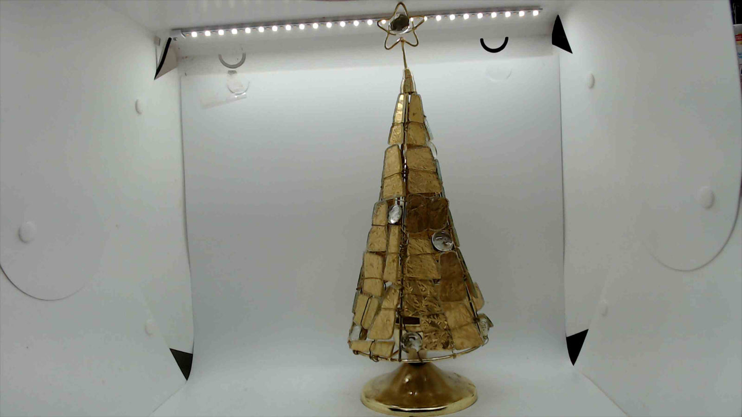 Vintage Capiz Shell & Gold Wire Christmas Tree Sculpture — Star Topper, Brass Base, 14.5"