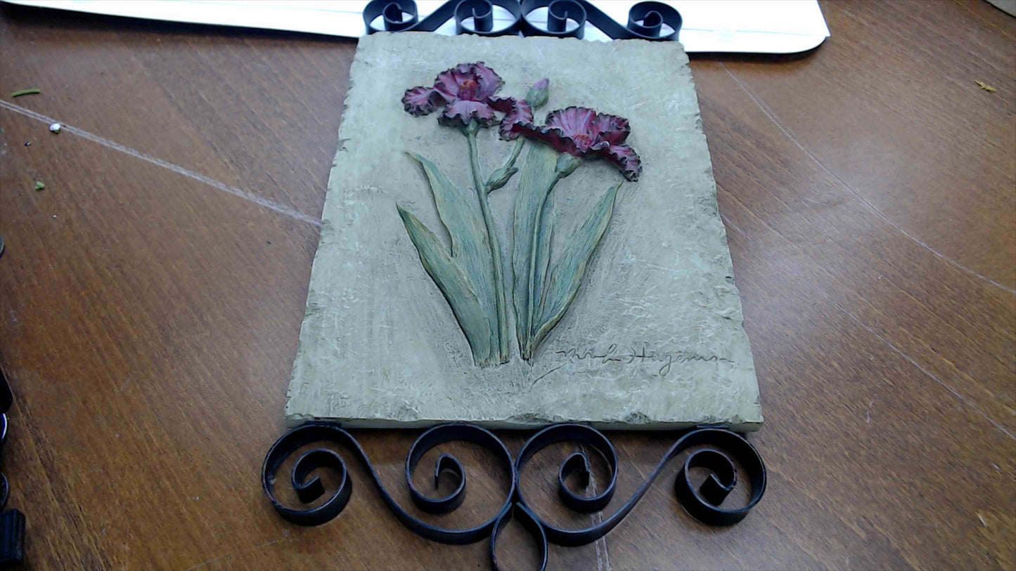 Signed Hageman Relief-Sculpted Iris Wall Plaque — Hand-Painted Cast Stone, Wrought Iron Scroll Frame, 11"